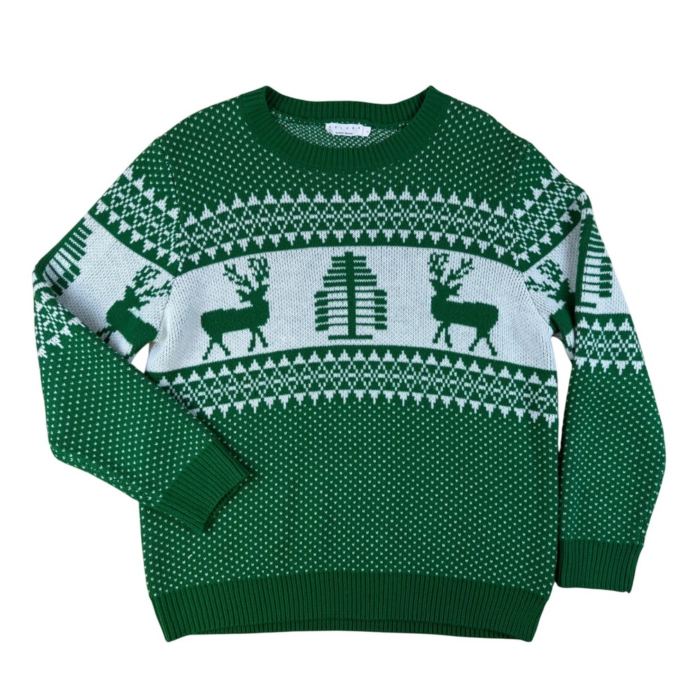 Nordic Reindeer Christmas Sweater Mens Large Green Fair Isle Holiday Winter